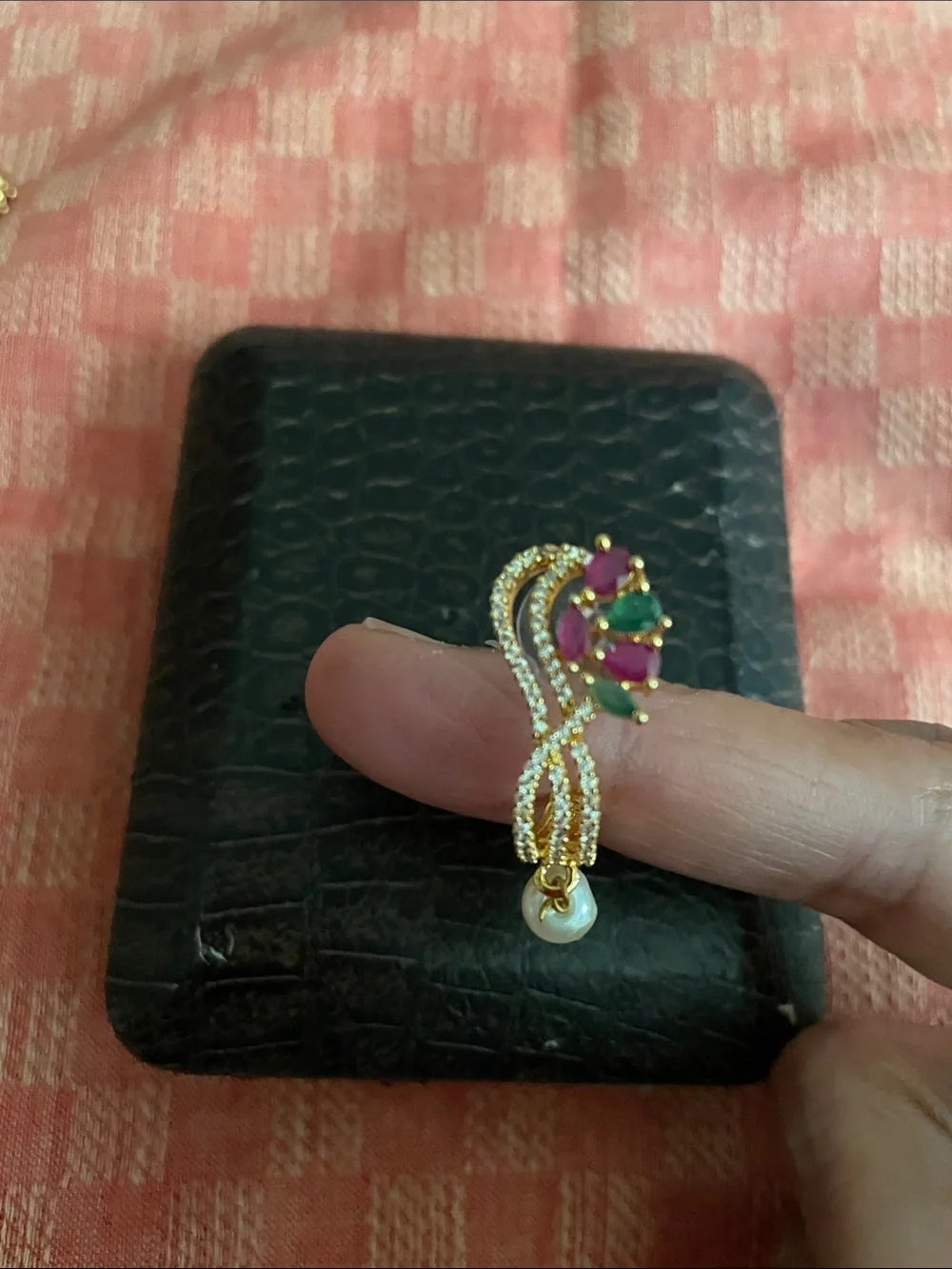 Gold-Tone Pink & Green Stone Drop Earrings with Pearl Accent